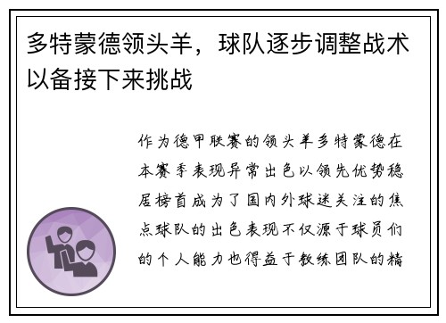 多特蒙德领头羊，球队逐步调整战术以备接下来挑战
