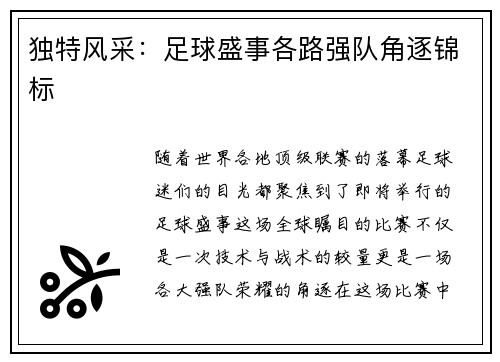 独特风采：足球盛事各路强队角逐锦标