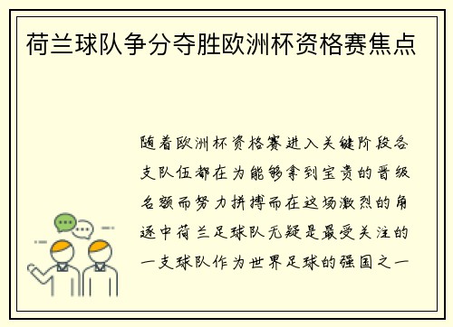 荷兰球队争分夺胜欧洲杯资格赛焦点