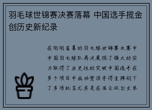 羽毛球世锦赛决赛落幕 中国选手揽金创历史新纪录