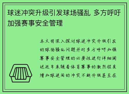 球迷冲突升级引发球场骚乱 多方呼吁加强赛事安全管理