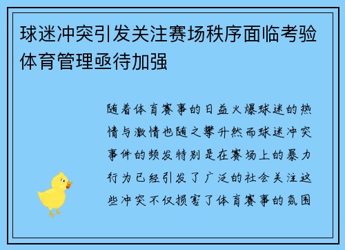 球迷冲突引发关注赛场秩序面临考验体育管理亟待加强